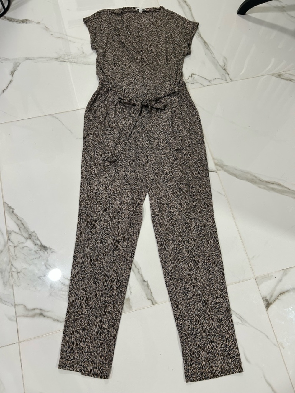 New York & Co. Black Beige Animal Leopard PatternedJumpsuit with Tie Waist M